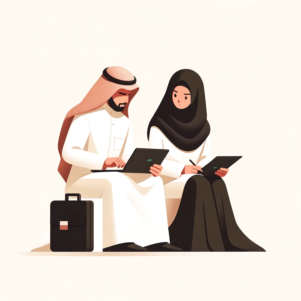 DALL·E 2023 12 09 03.06.20 A flat illustration depicting a Saudi man and woman working together set against a plain white background. The man is dressed in a traditional white